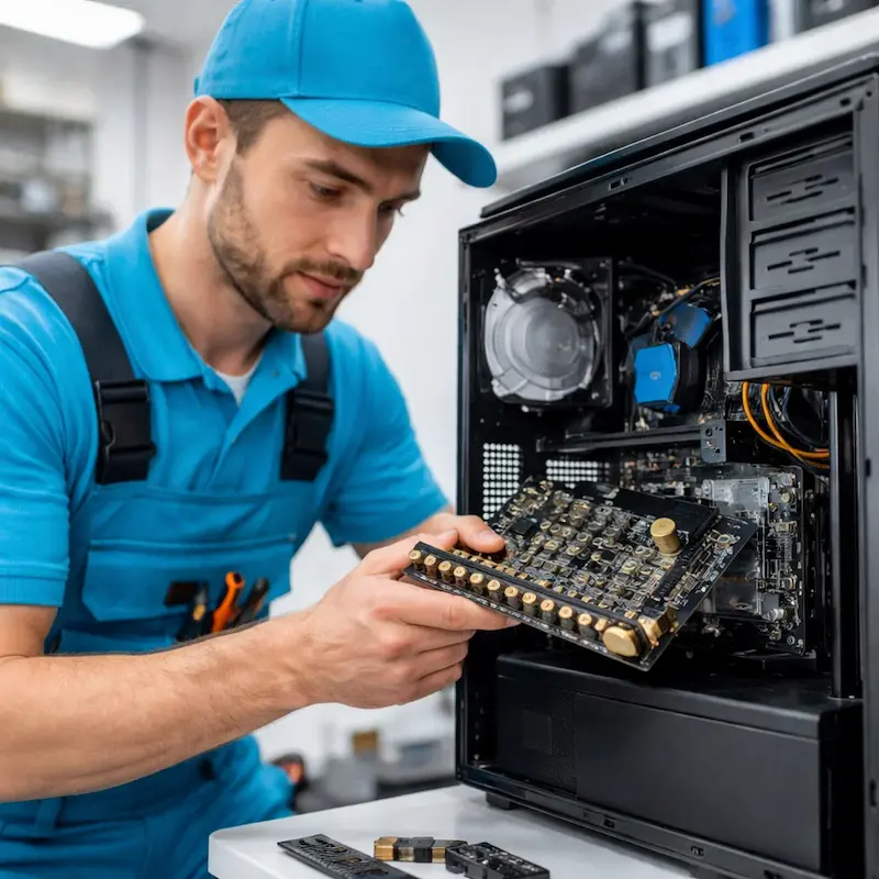 Мастер устанавливает звуковую карту на ПК в Фурманове